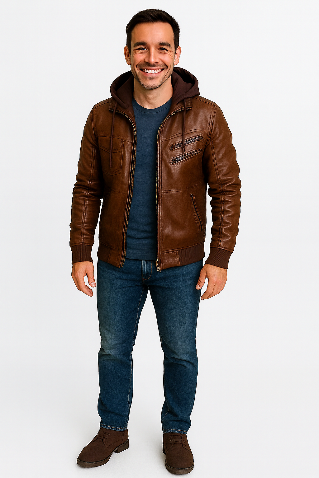 Bennjie – Brown Leather Motorcycle Jacket with Hood
