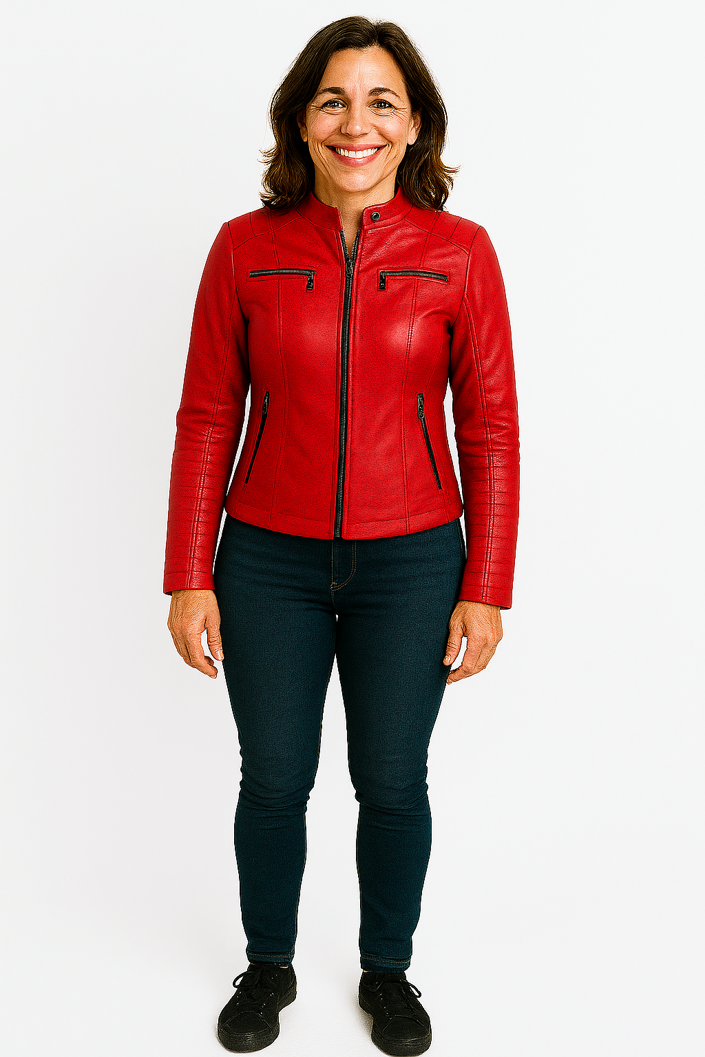 Vicenta – Bright Red V-Neck Leather Jacket