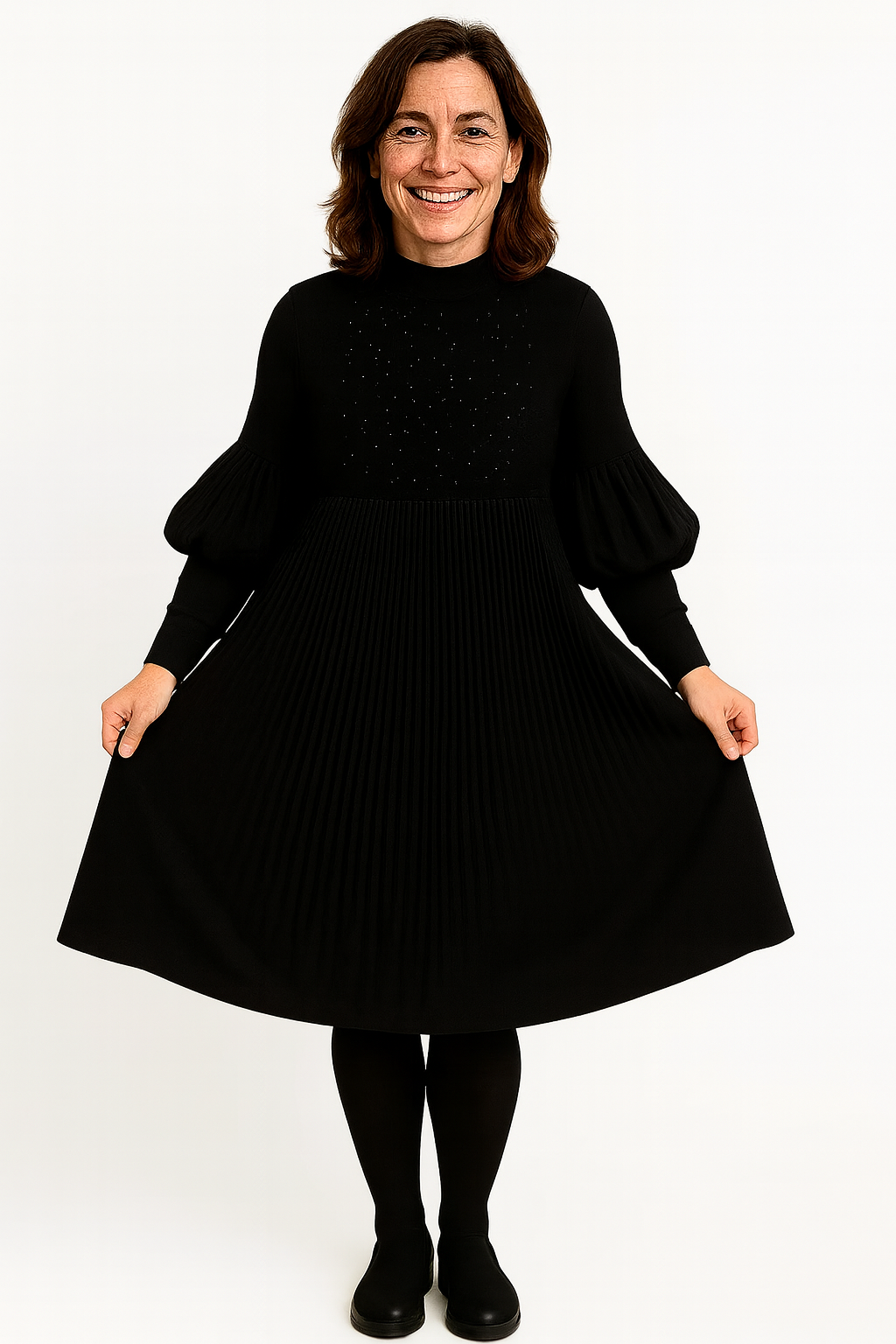 Adelina | Pleated Midi Dress with Lantern Sleeves