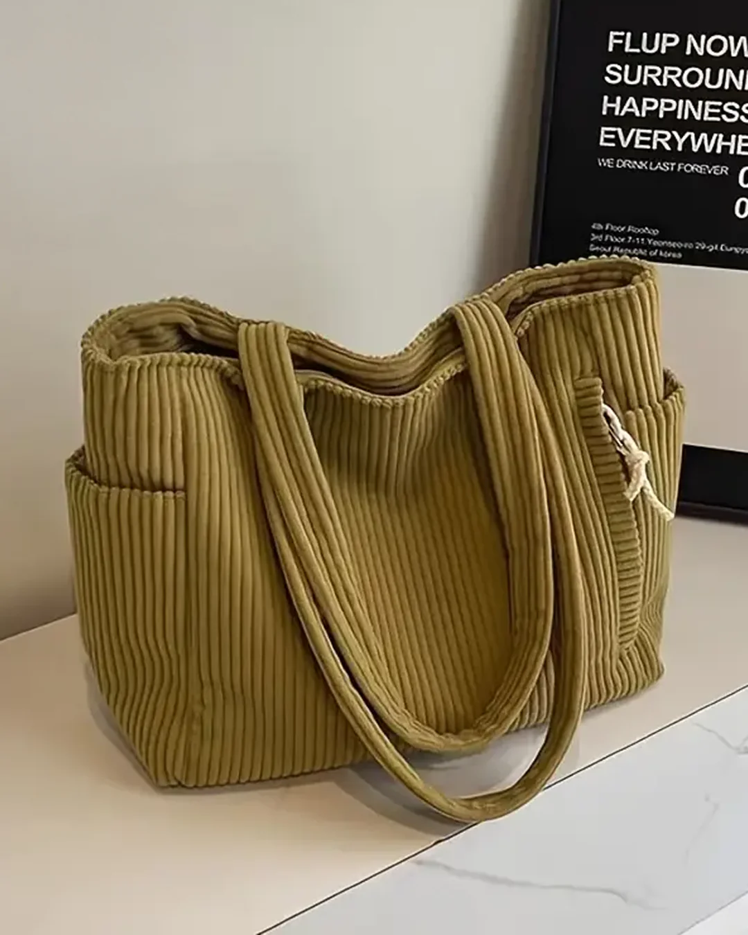 Winona – Ribbed Tote Bag with Drawstring Detail