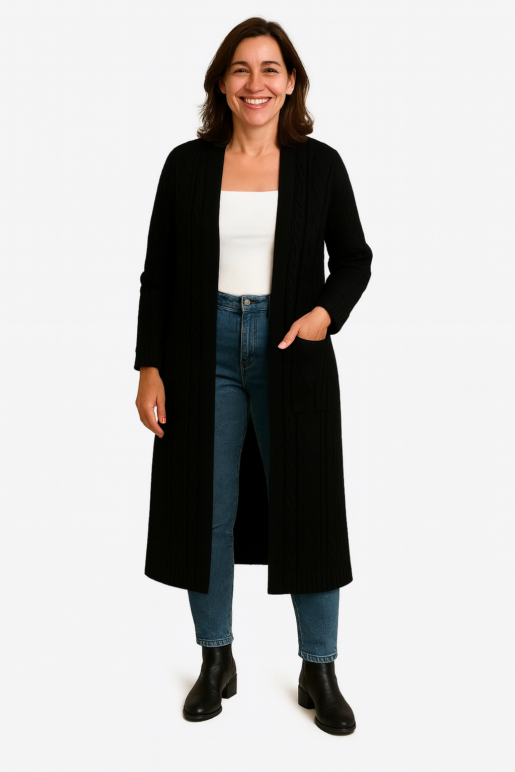 Cira – Longline Cable Knit Hooded Cardigan