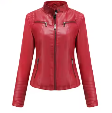 Vicenta – Bright Red V-Neck Leather Jacket