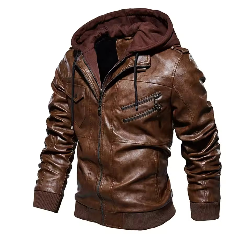 Bennjie – Brown Leather Motorcycle Jacket with Hood