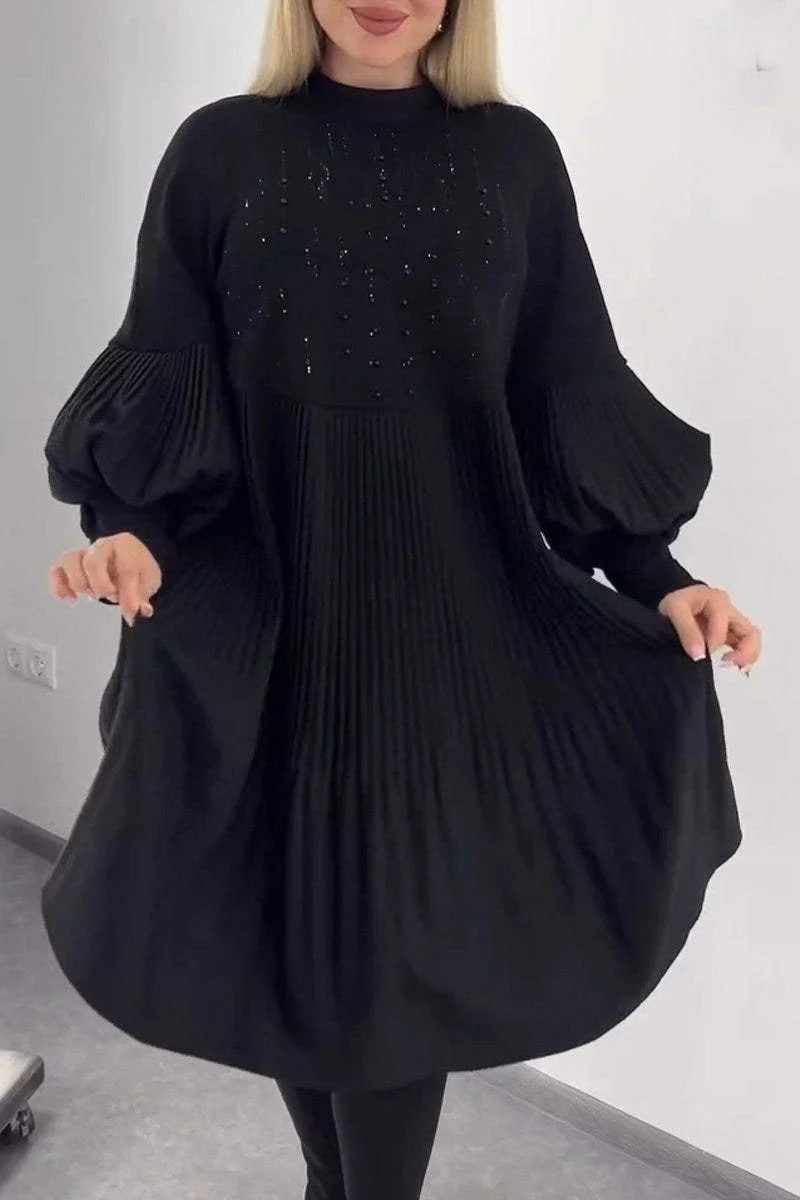 Adelina | Pleated Midi Dress with Lantern Sleeves